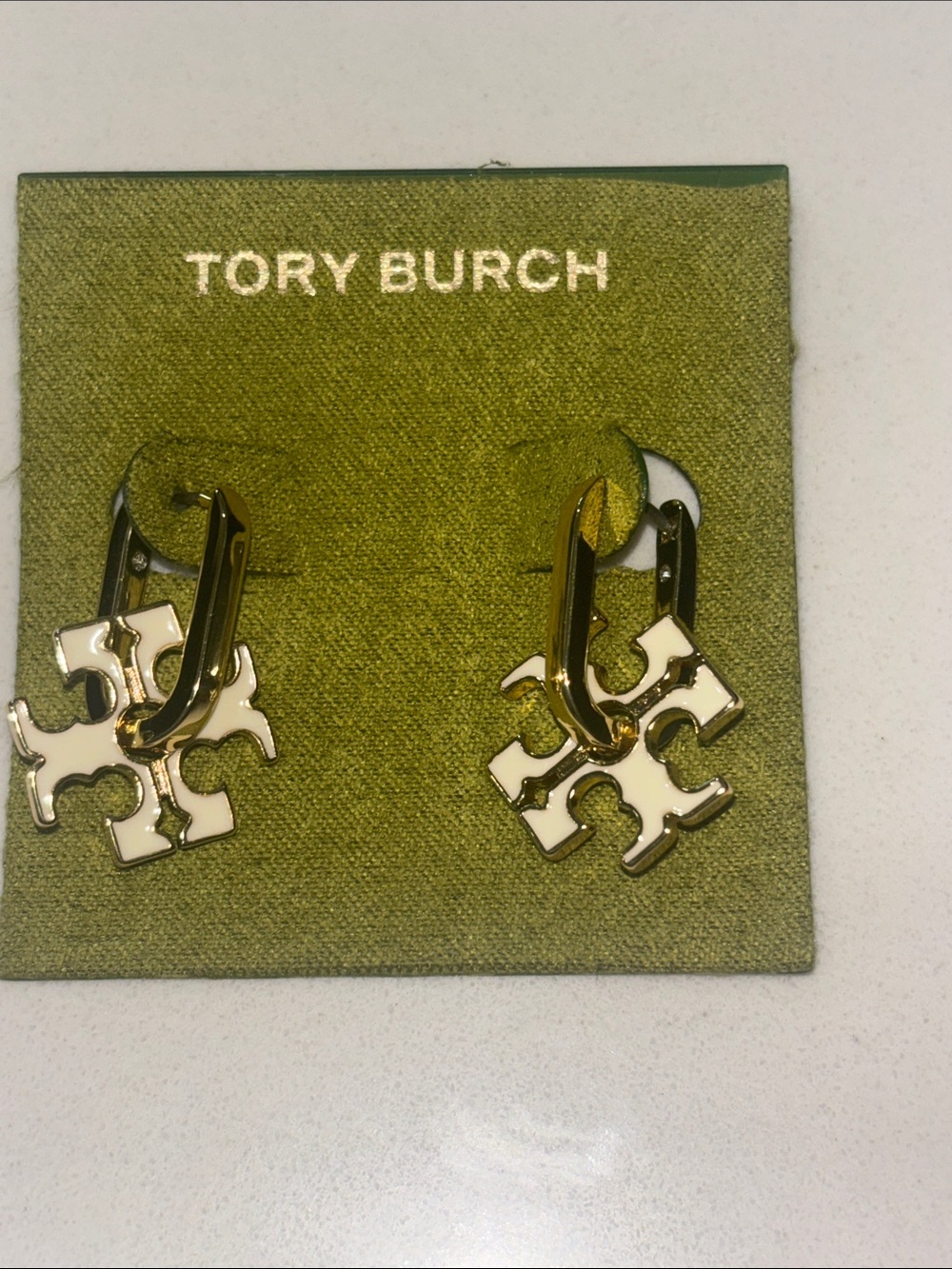 Tory Burch Gold and Cream Enamel Logo Drop Earrings
